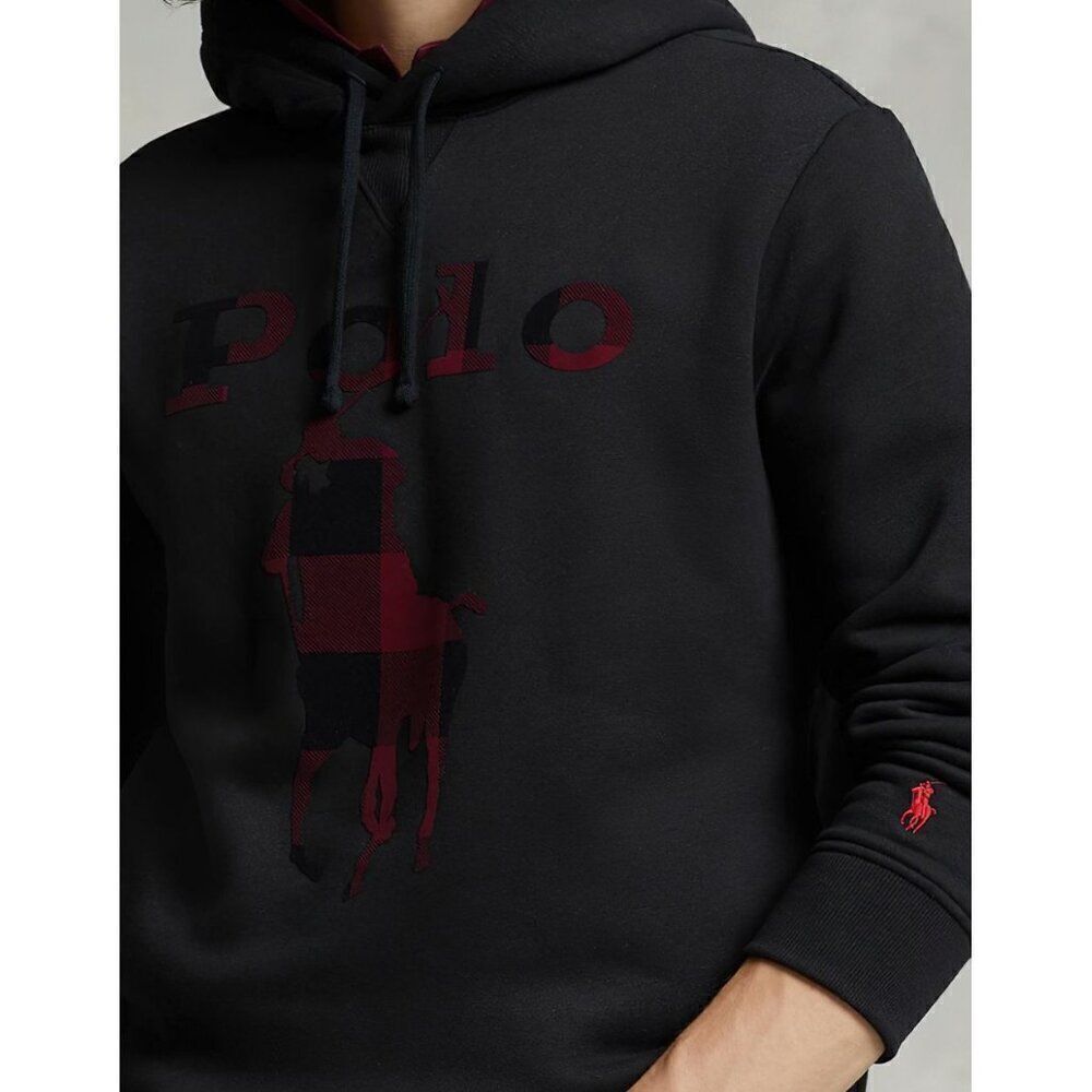 Polo Ralph Lauren Men's Slim Fit Checked Big Pony Logo Fleece Hoodie Black XL - Picture 6 of 15